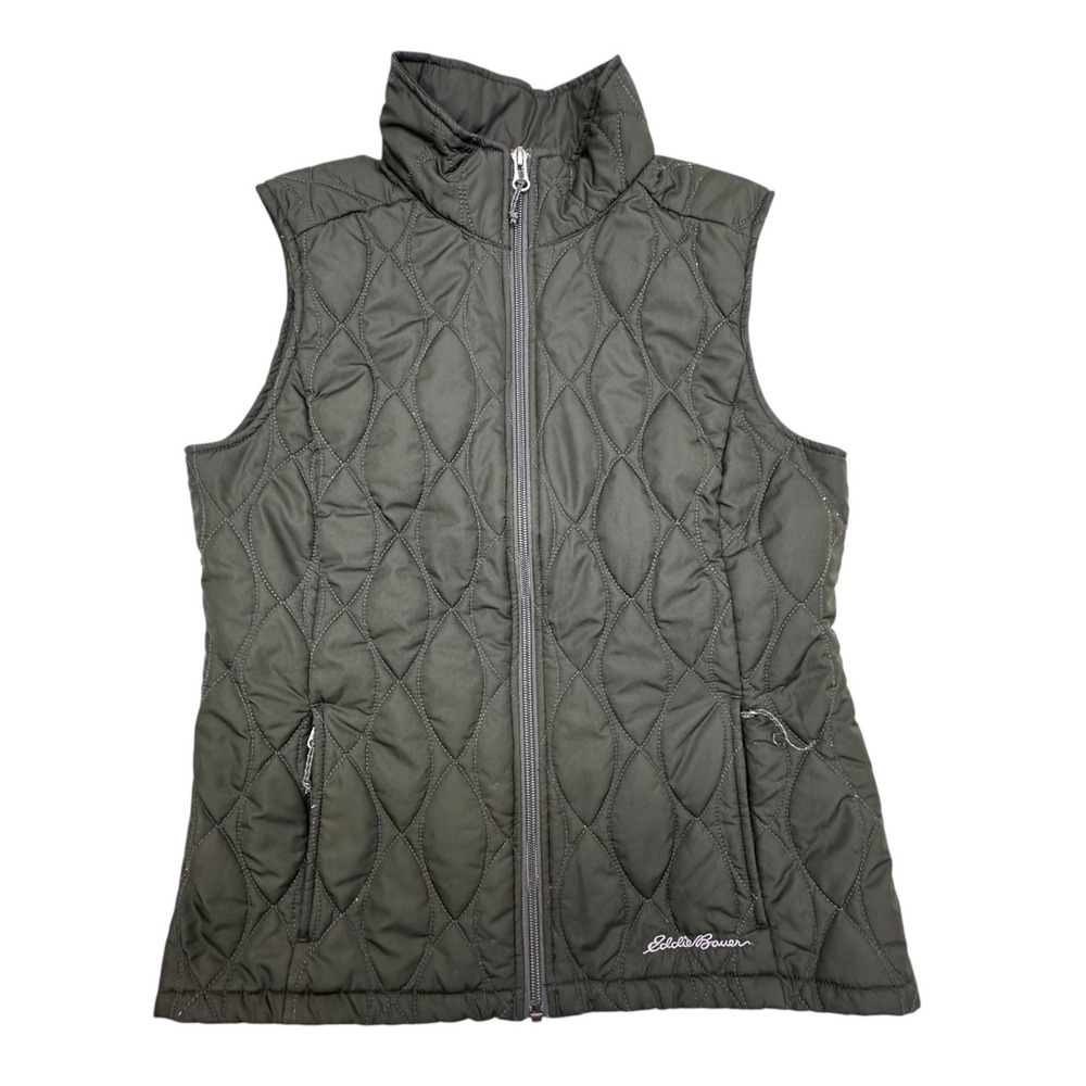 Eddie Bauer Vest Womens Small Green Quilted Full Zip Stand Collar Zip Pockets